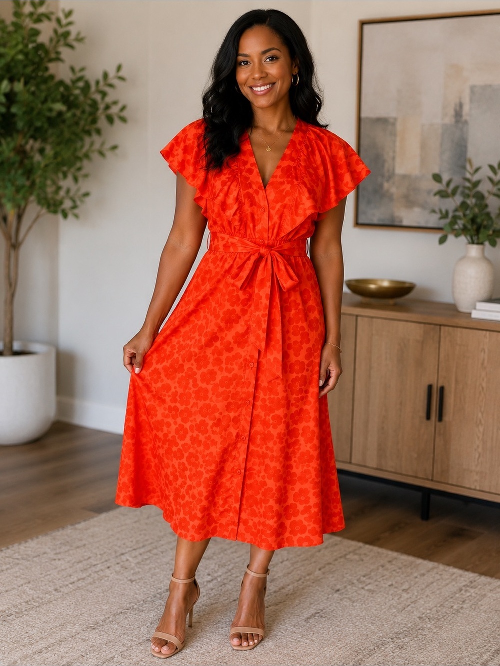NWOT Kate Spade Poppy Field Jacquard V-Neck Button Dress in bright orange
